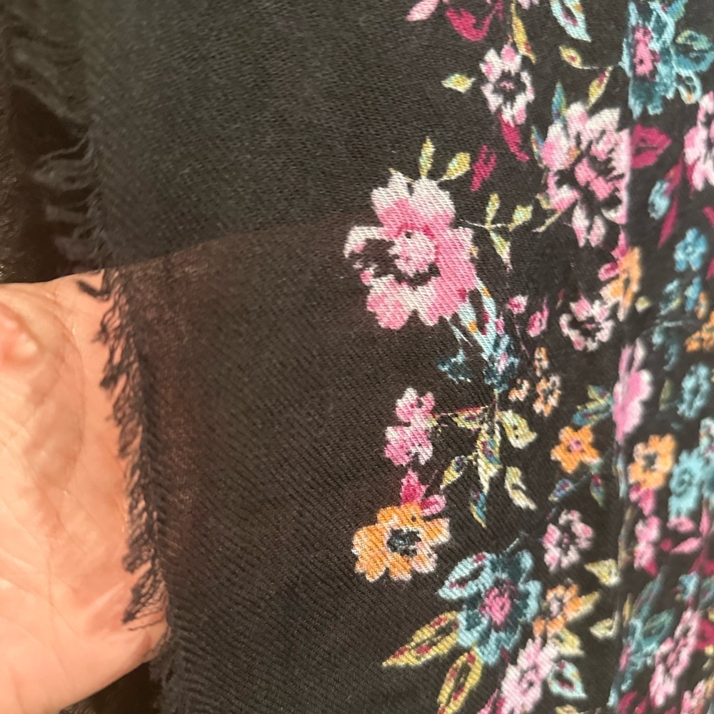 Boho Floral Tassel Scarf – Large Black Pashmina Style Shawl Pink & Blue Flowers - Picture 10 of 17